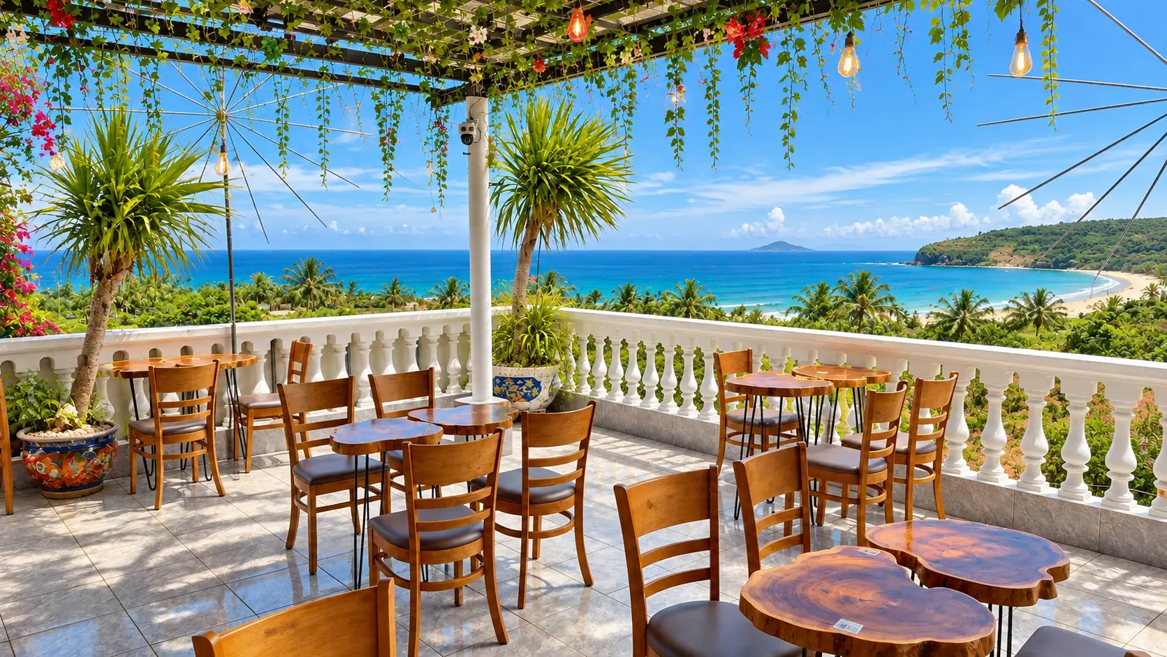 Bar & Coffee sân thượng khách sạn Gành Đá Đĩa, bàn gỗ nhìn ra biển
